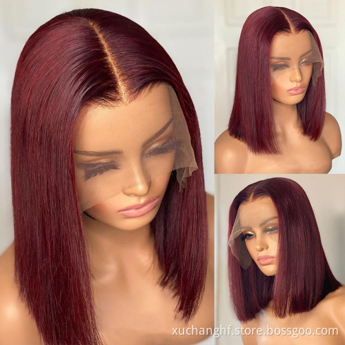 99J Burgundy Red Color Lace Closure Wig Short Straight Bob Cut Preplucked Lace Front Human Hair Wigs For Wholesale